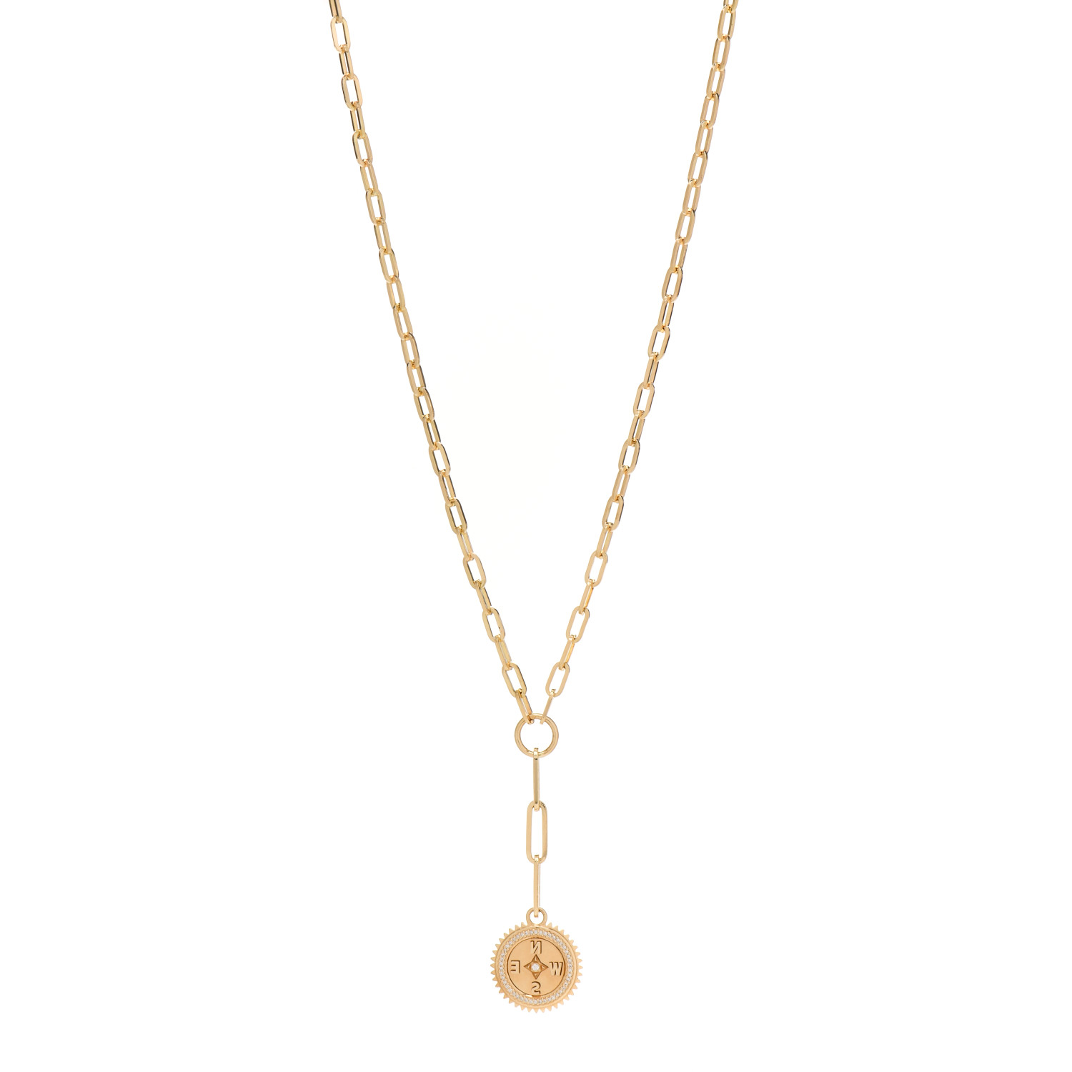 FOUNDRAE 18K Yellow Gold Diamond Internal Compass Refined Clip Extension Chain Necklace front view image of FOUNDRAE 18K Yellow Gold Diamond Internal Compass Refined Clip Extension Chain Necklace in gold by FASHIONPHILE