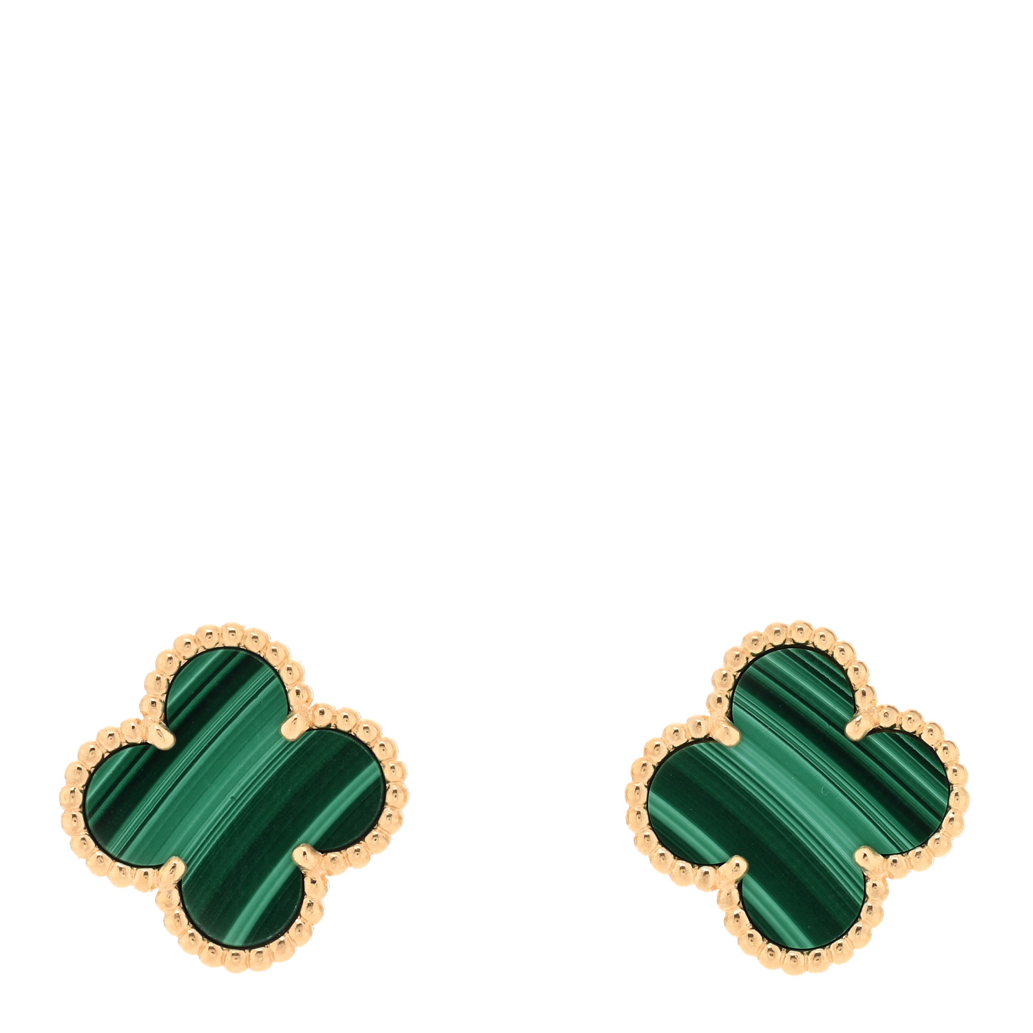 VAN CLEEF & ARPELS 18K Yellow Gold Malachite Vintage Alhambra Earrings front view image of VAN CLEEF & ARPELS 18K Yellow Gold Malachite Vintage Alhambra Earrings in green and gold by FASHIONPHILE