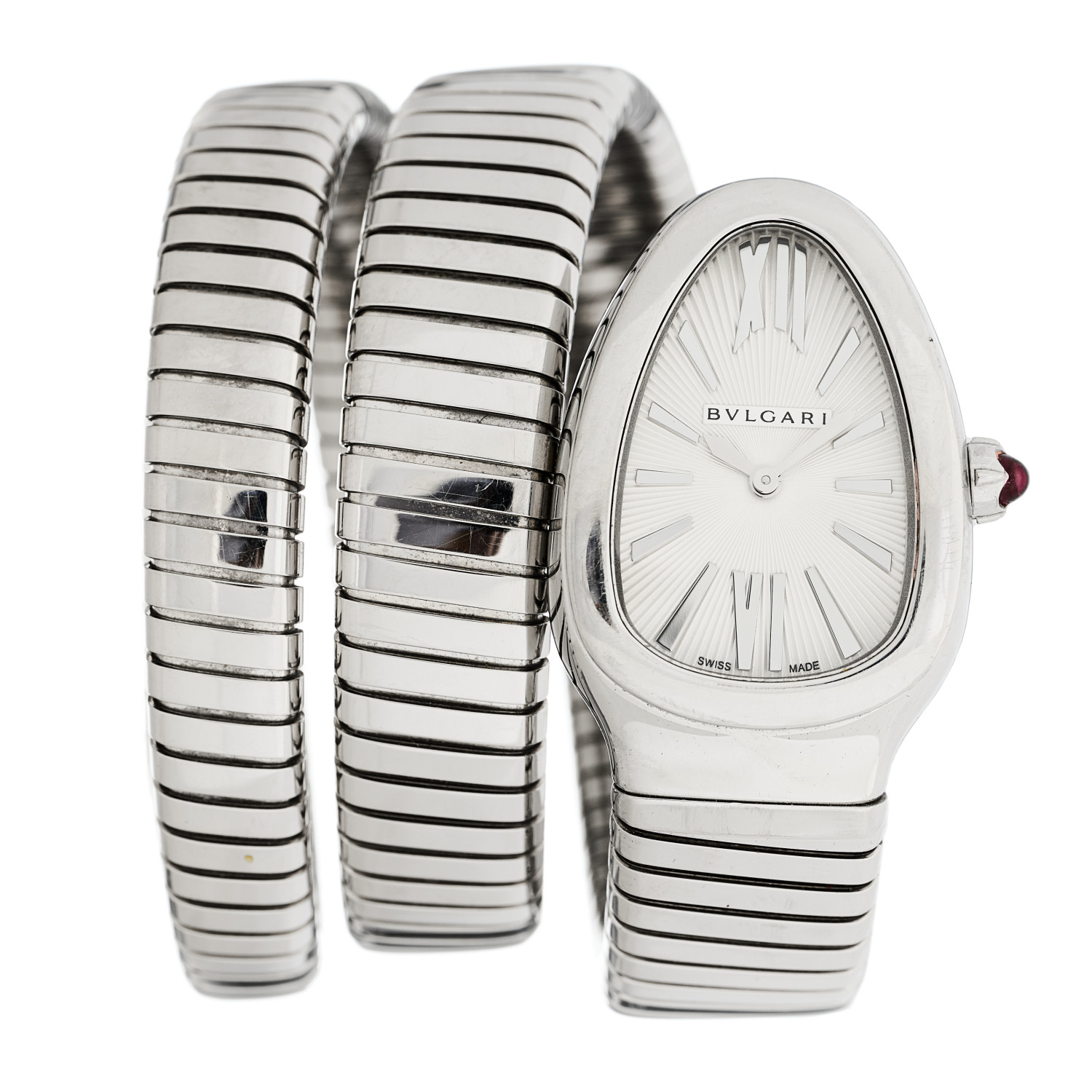 BULGARI Stainless Steel 35mm Serpenti Tubogas Double Spiral Quartz Watch front view image of BULGARI Stainless Steel 35mm Serpenti Tubogas Double Spiral Quartz Watch in silver by FASHIONPHILE