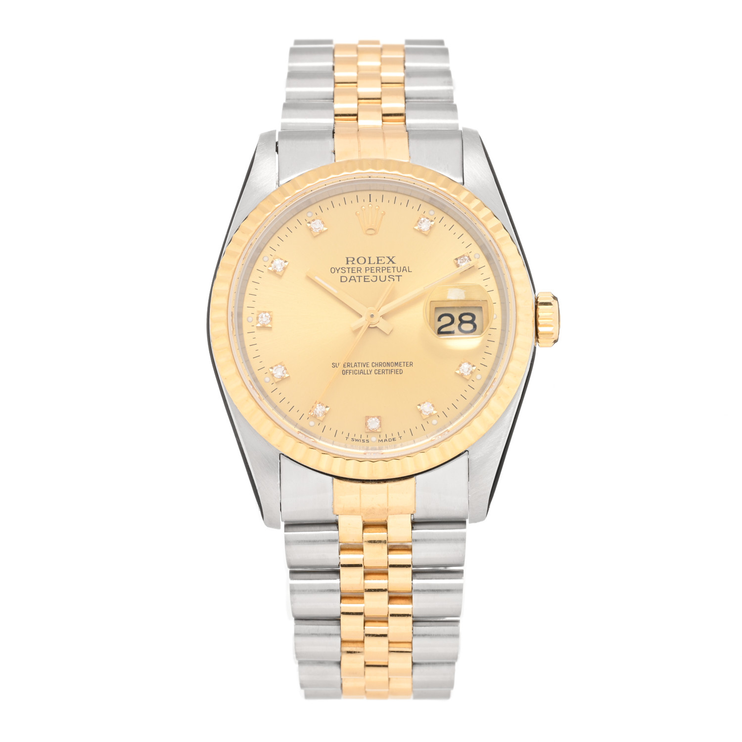ROLEX Stainless Steel 18K Yellow Gold Diamond 36mm Oyster Perpetual Datejust Watch Champagne 16233 front view image of a vintage ROLEX Stainless Steel 18K Yellow Gold Diamond 36mm Oyster Perpetual Datejust Watch Champagne 16233 by FASHIONPHILE