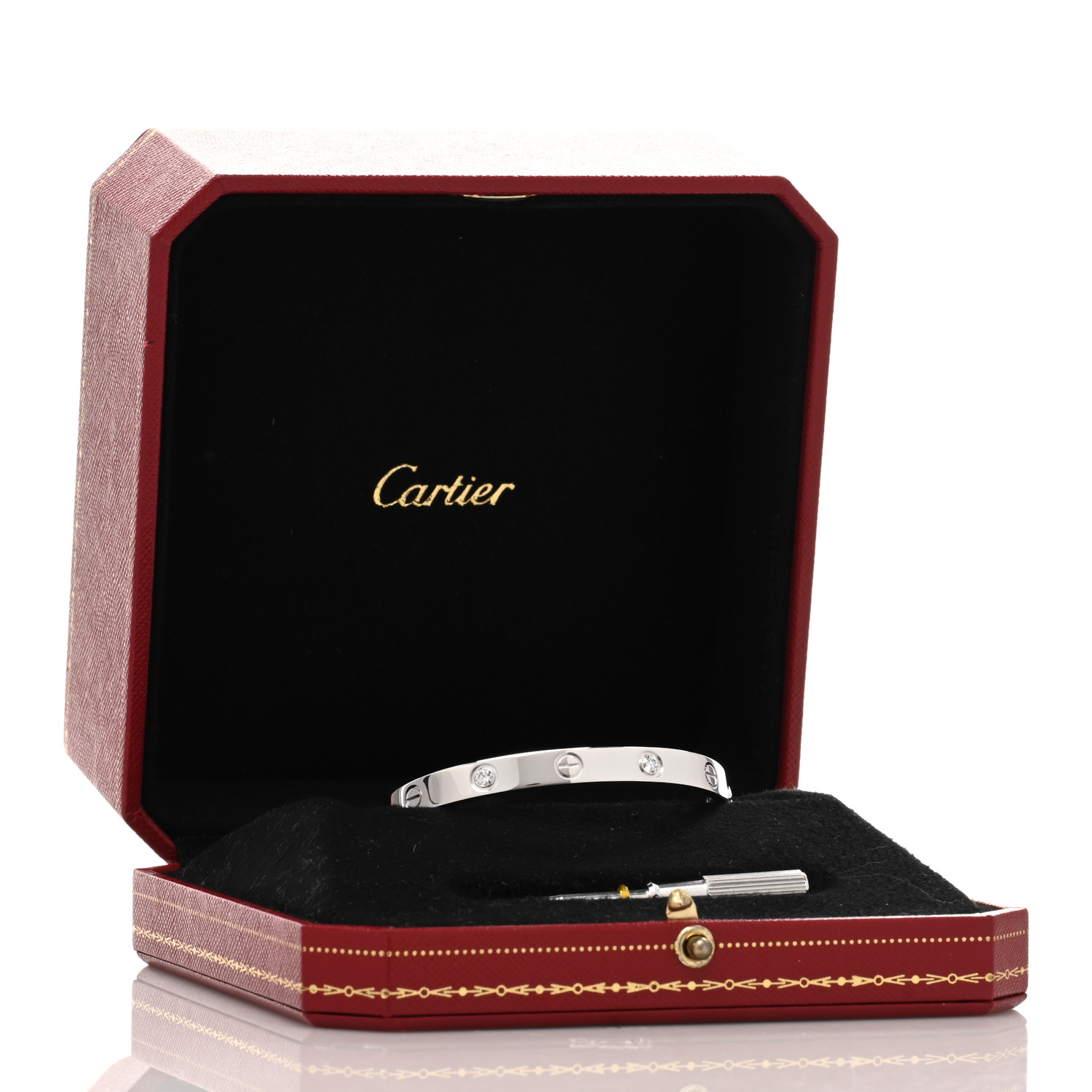 CARTIER 18K White Gold 4 Diamond LOVE Bracelet 16 image of CARTIER 18K White Gold 4 Diamond LOVE Bracelet size 16 inside red crimson box by FASHIONPHILE