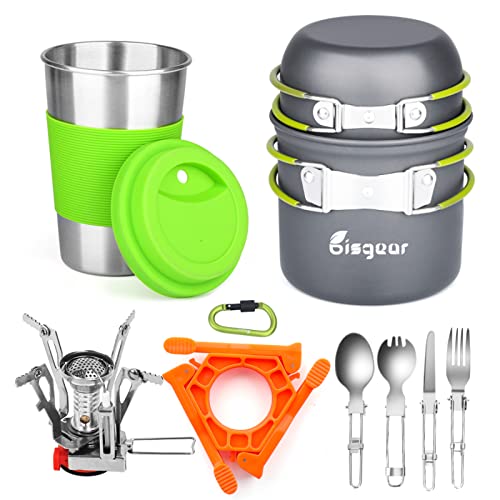 Bisgear Camping Cookware Portable Backpacking Stove Canister Stand Tripod Stainless Steel Cup Flatware Mess Kit - Camping Pot and Pans Cooking Set - Camping Gear Must Haves