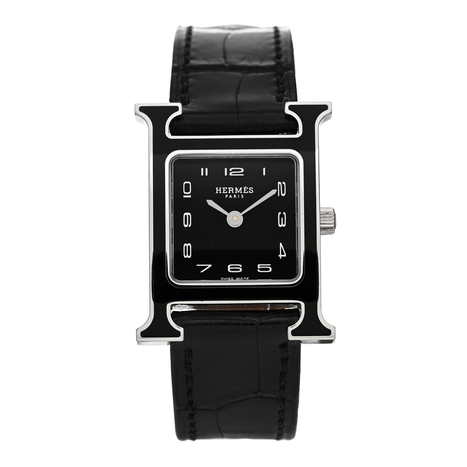 HERMES Stainless Steel Alligator Lacquer 21mm Heure H Hour Quartz Watch Noir image of HERMES Stainless Steel Alligator Lacquer 21mm Heure H Hour Quartz Watch in the color Noir by FASHIONPHILE