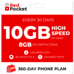 Red Pocket 1-Year Unlimited + 10GB Monthly Data Prepaid Plan with SIM Card for $190 + free shipping