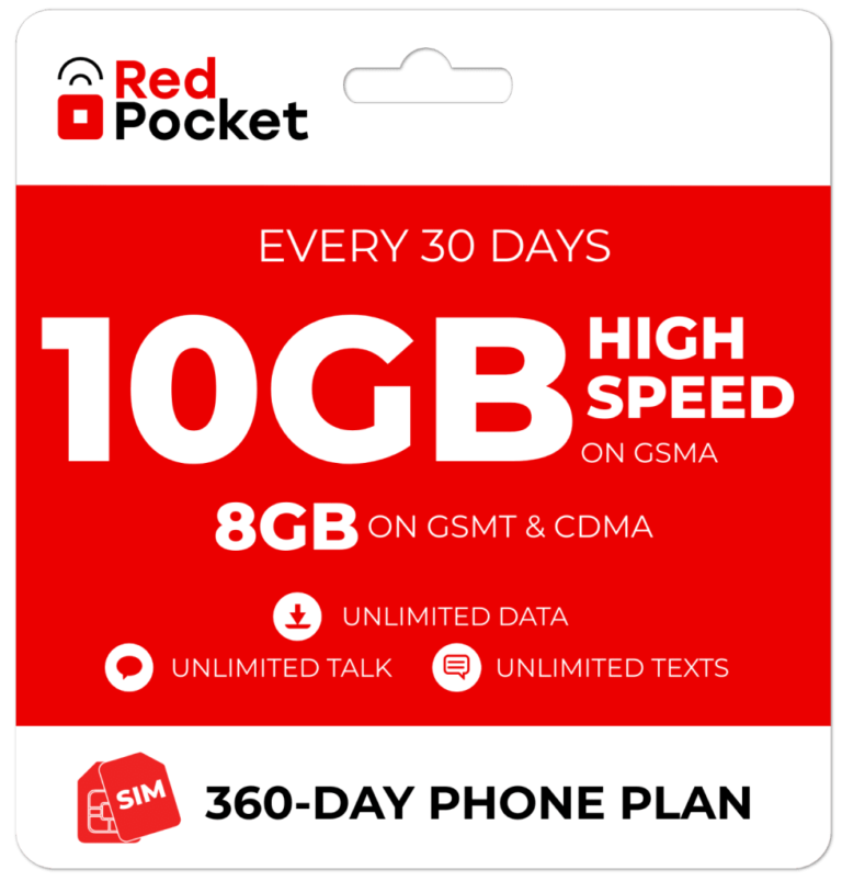 Red Pocket 1-Year Unlimited + 10GB Monthly Data Prepaid Plan with SIM Card for $190 + free shipping