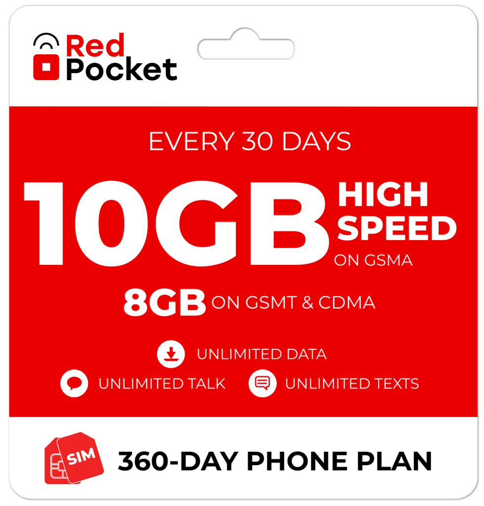 Red Pocket 1-Year Unlimited + 10GB Monthly Data Prepaid Plan with SIM Card for $190 + free shipping
