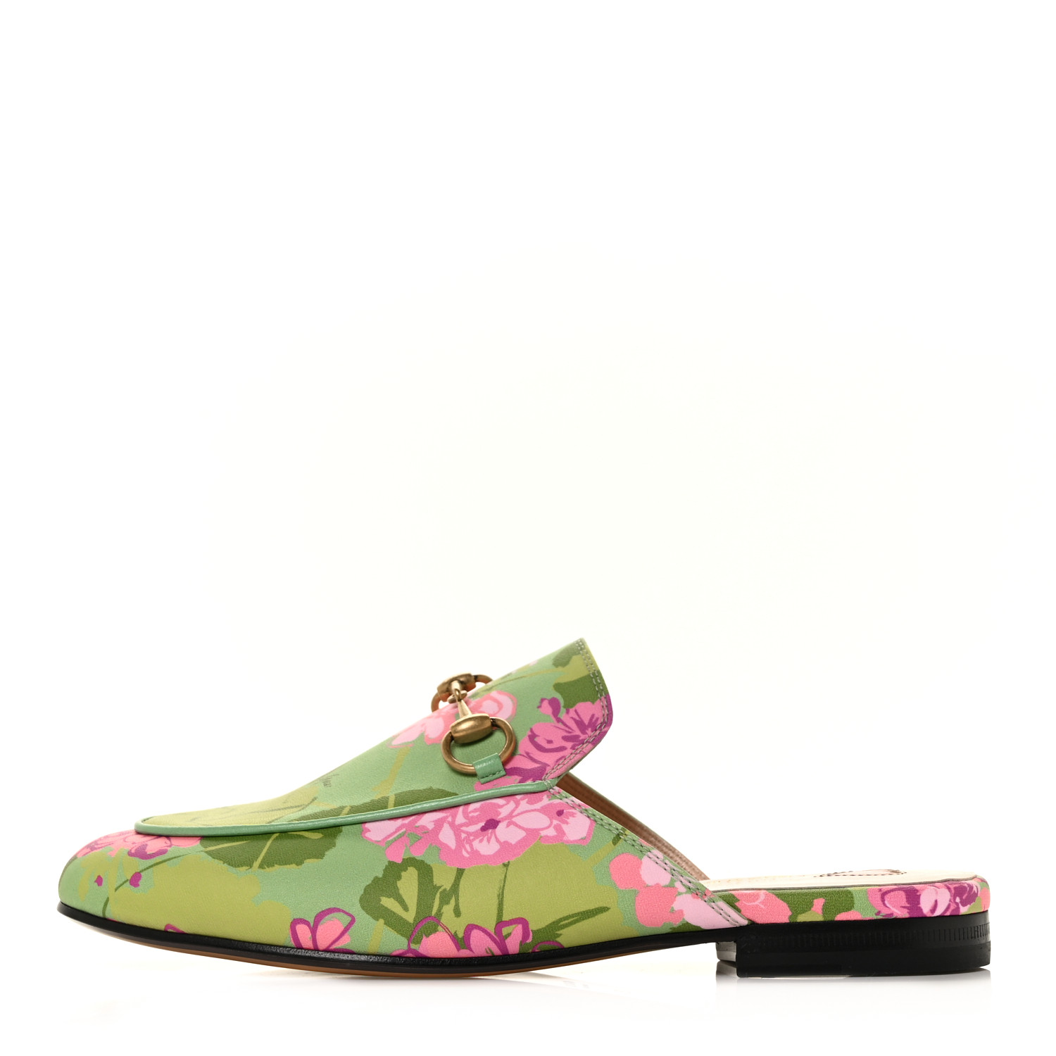 GUCCI X KEN SCOTT Malaga Kid Floral Women's Princetown Slippers size 35.5 in the colors Green Lilac Water Plant by fashionphile