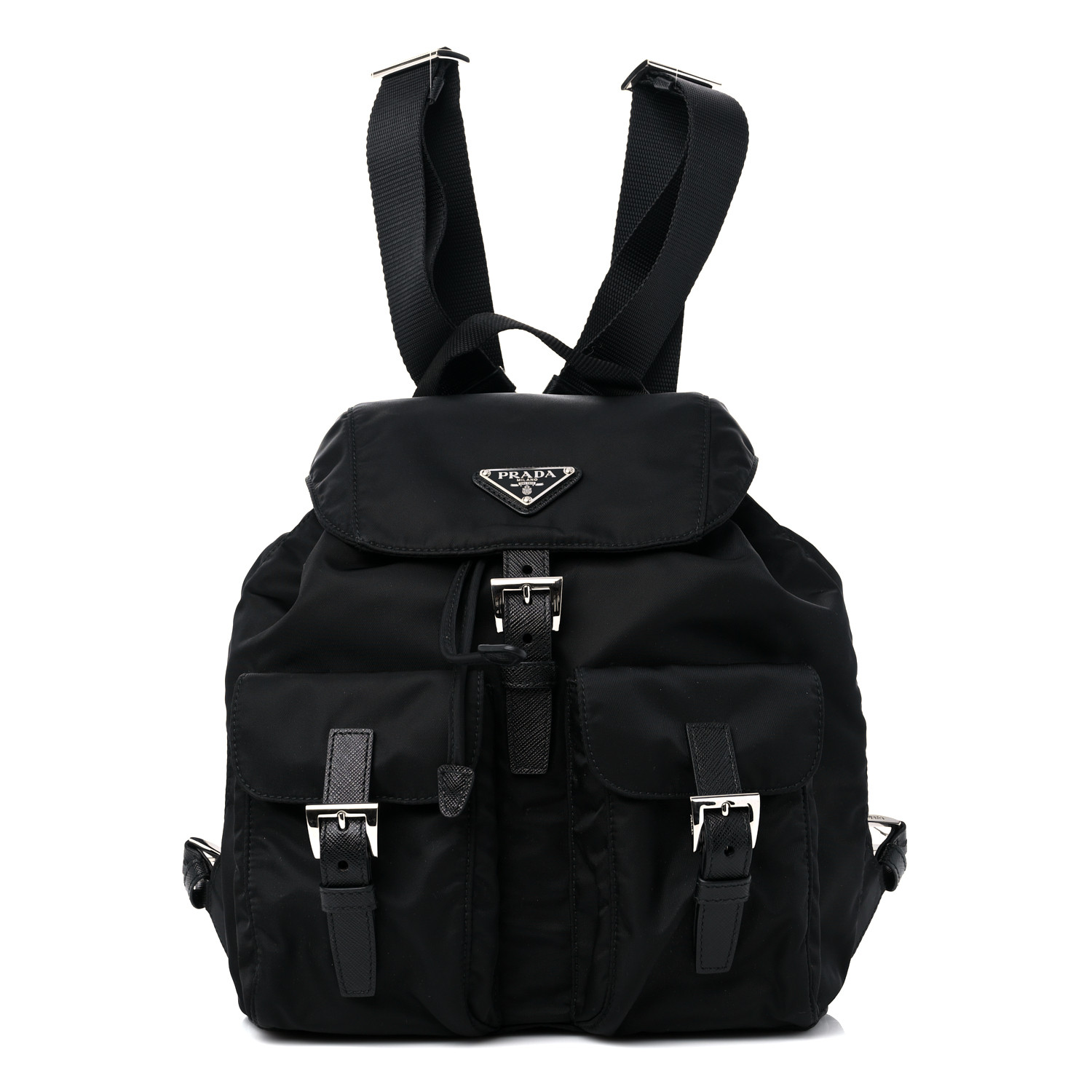 front view image of a PRADA Tessuto Nylon Vela Small Backpack in the color Black by FASHIONPHILE
