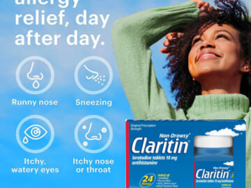 Claritin 24 Hour Allergy Tablets, Non-Drowsy, 10mg, 100-Count as low as $13.20 After Coupon (Reg. $24) +  Free Shipping – $0.13/Tablet