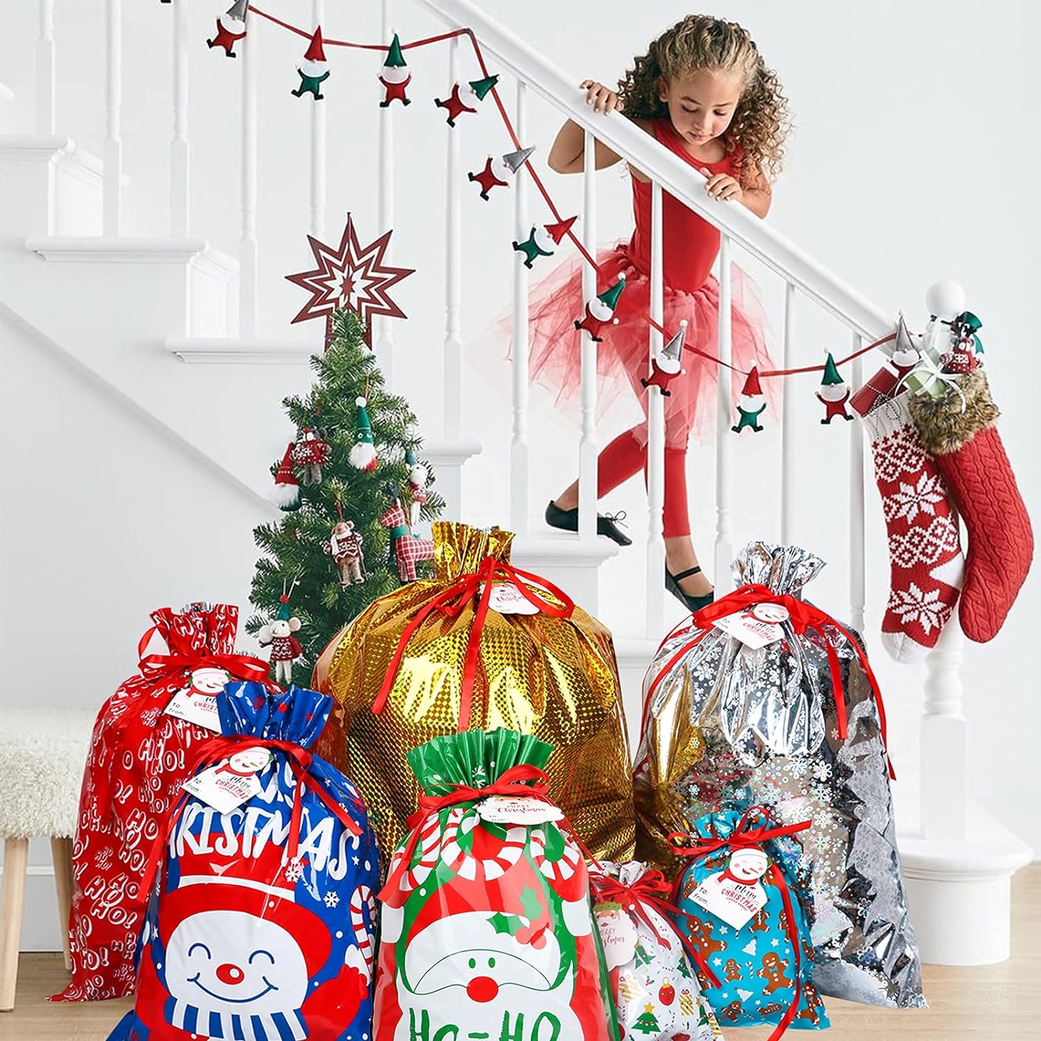 Christmas Drawstring Gift Bags with Tags, 40-Pack $14.99 After Code (Reg. $24.99) – $0.38 Each, 8 Sizes & 8 Designs, Makes Wrapping Easy