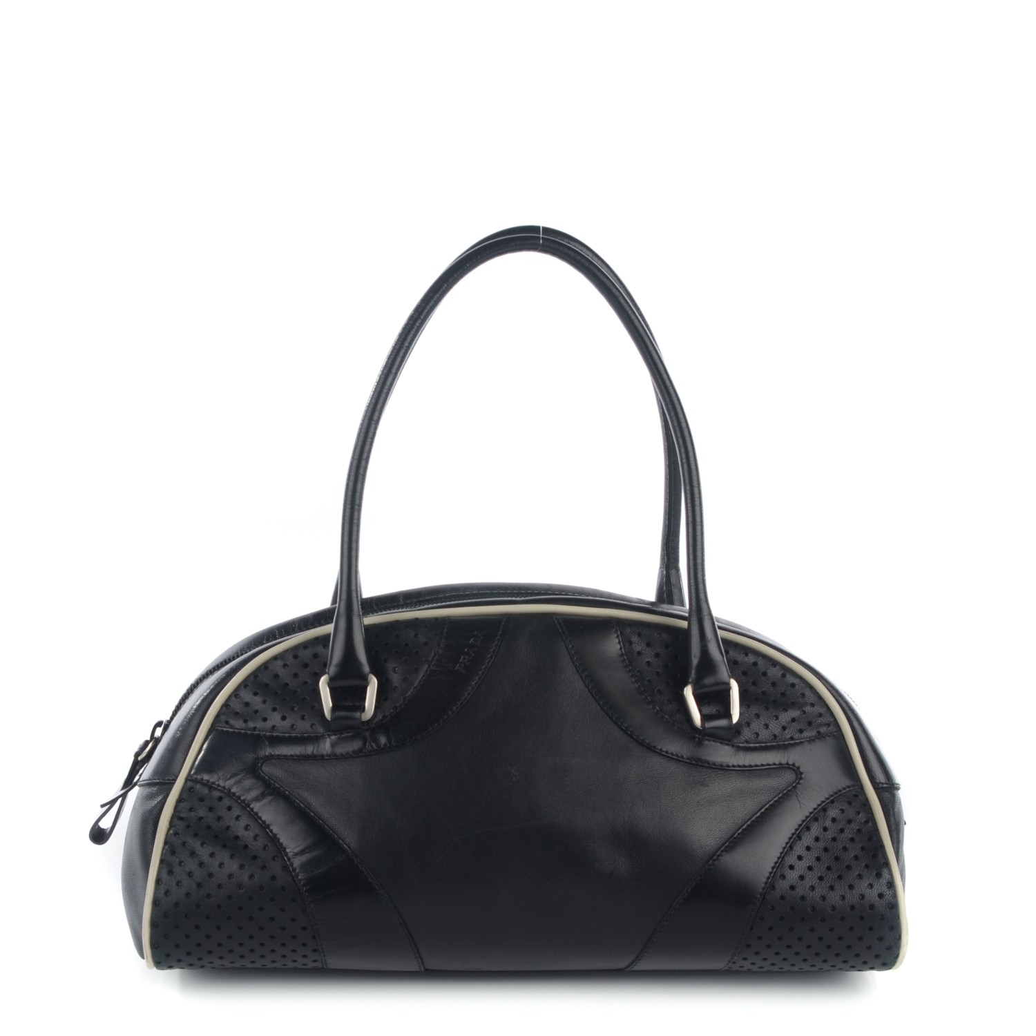 this is a front view image of a prada perforated bowler bag from the early 2000s in the color black by FASHIONPHILE