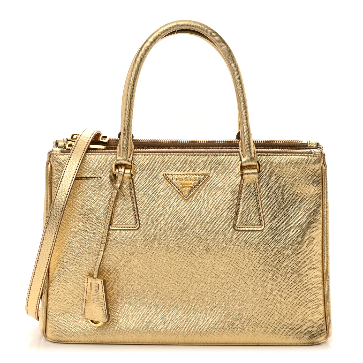 front view image of a PRADA Metallic Saffiano Small Galleria Double Zip Tote in the color gold Platino by FASHIONPHILE