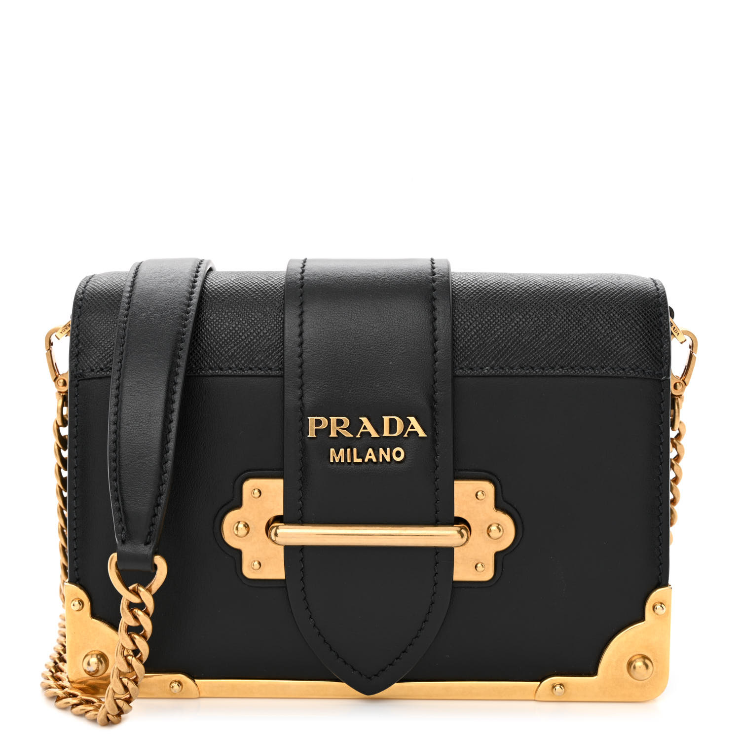 front view image of a PRADA City Calf Saffiano Cahier Bag in the color Black by FASHIONPHILE