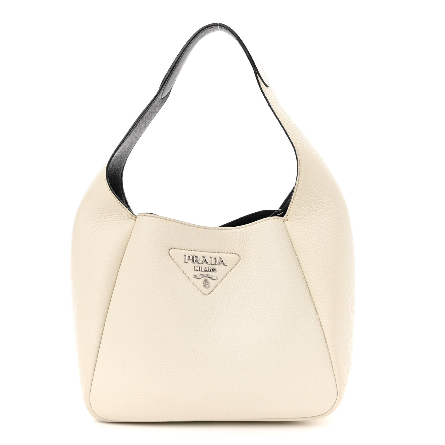 front view image of a PRADA Vitello Daino Dynamique Hobo in the colors Talco and Black by FASHIONPHILE