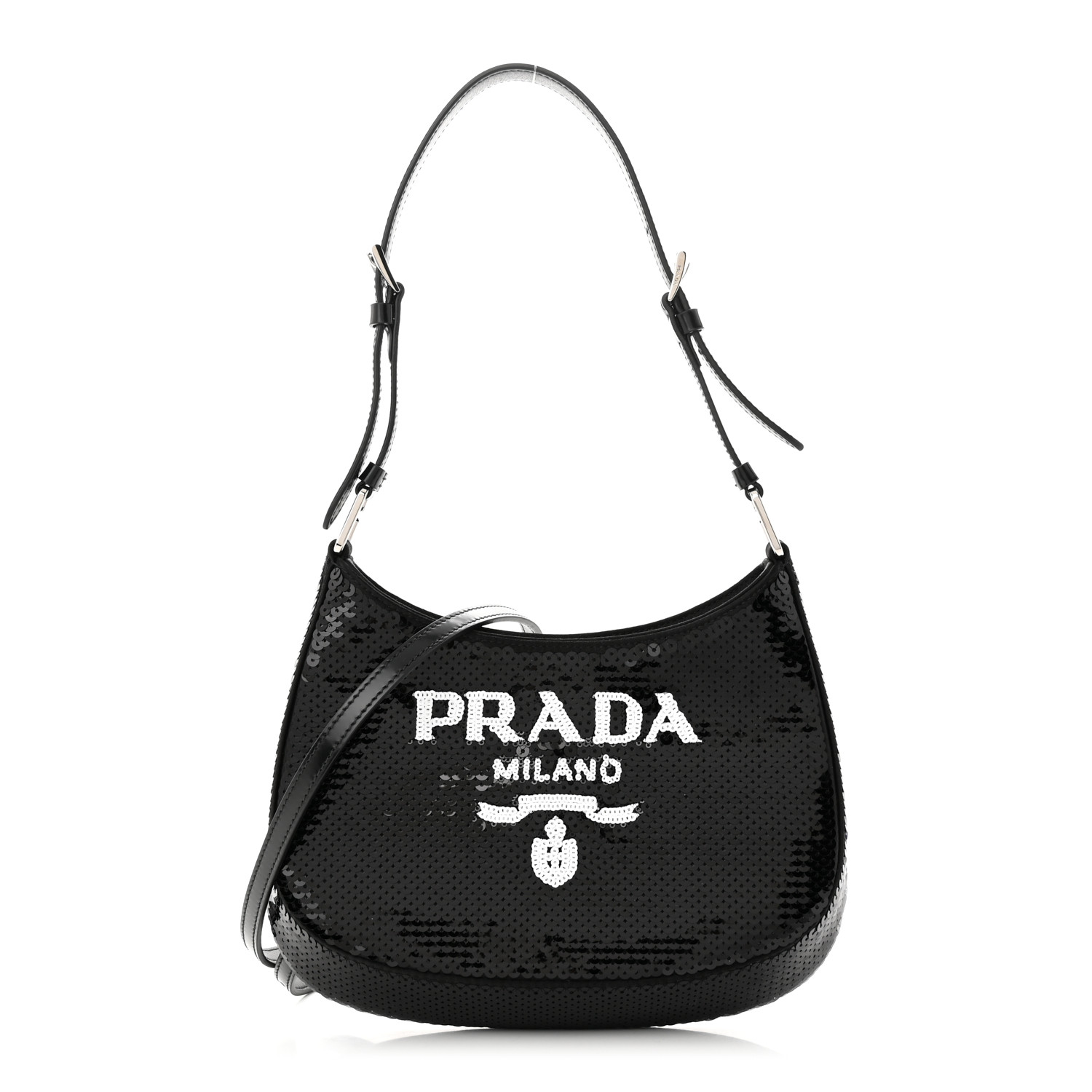 front view image of a PRADA Paillettes Sequin Cleo Shoulder Bag in the colors Black and White by FASHIONPHILE