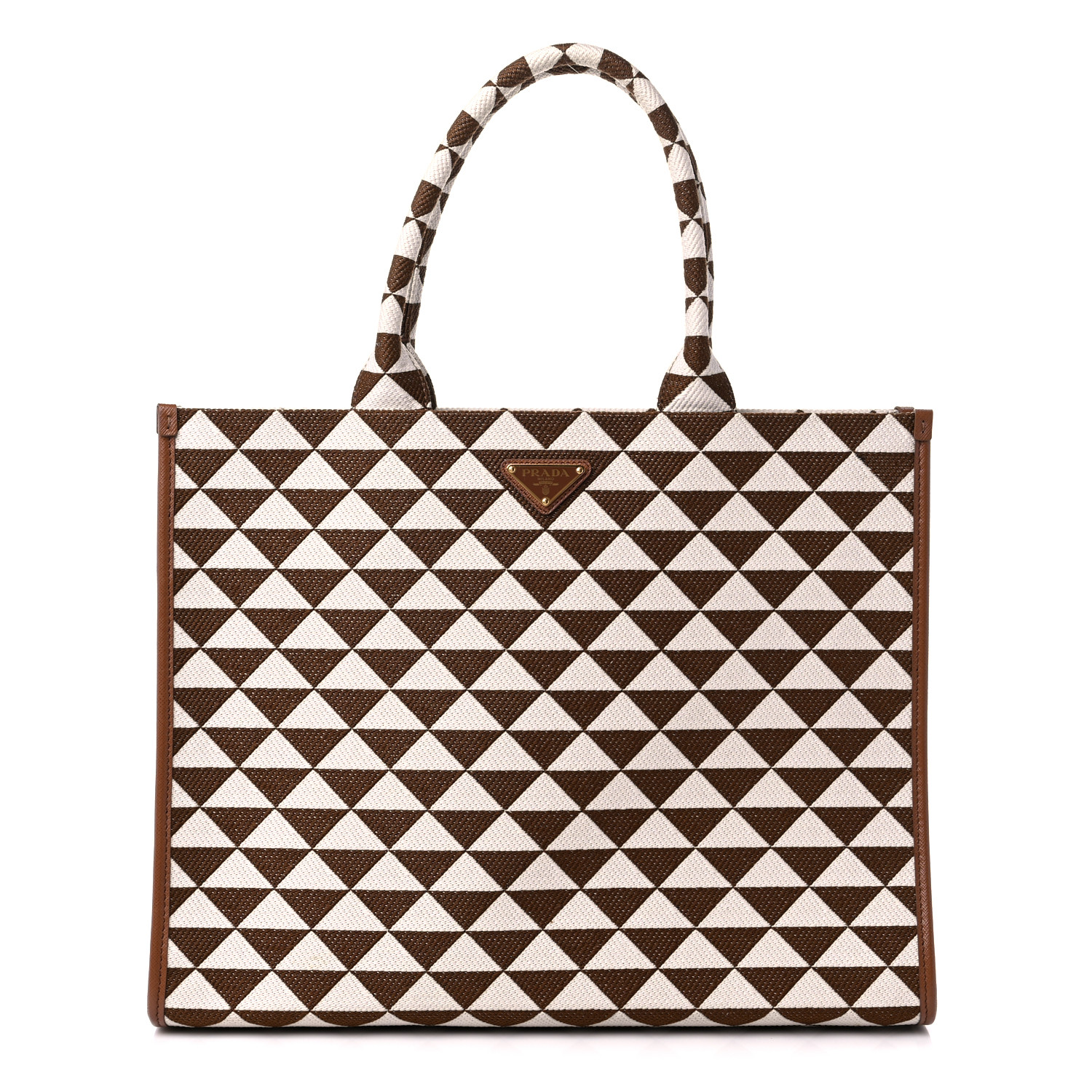 front view image of a PRADA Jacquard Large Symbole Tote in the colors Tobacco and Chalk White by FASHIONPHILE