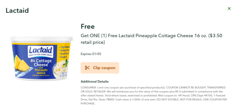 FREE Lactaid Pineapple Cottage Cheese | Publix Digital Coupon