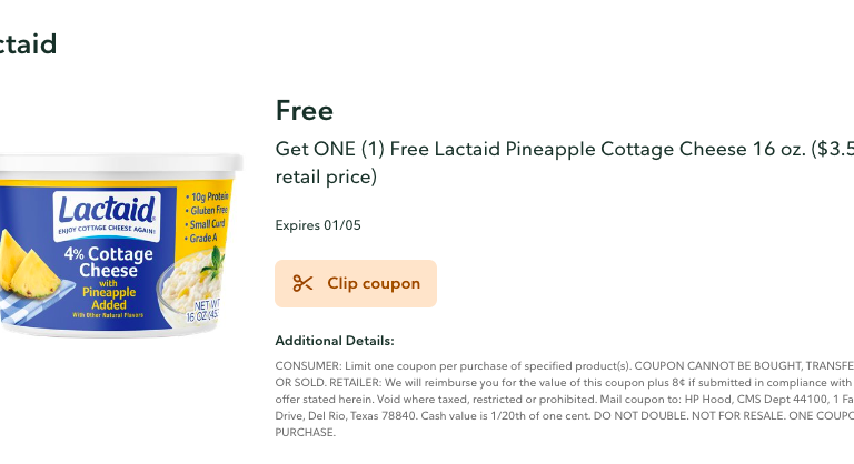 FREE Lactaid Pineapple Cottage Cheese | Publix Digital Coupon