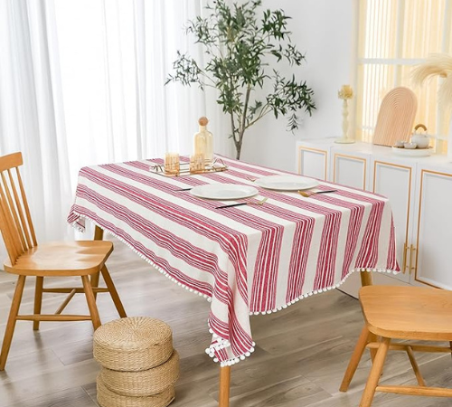 Dress up your dining experience with Burlap Linen Tablecloth Chris Red Strip for just $21.74 After Code + Coupon (Reg. $28.99)