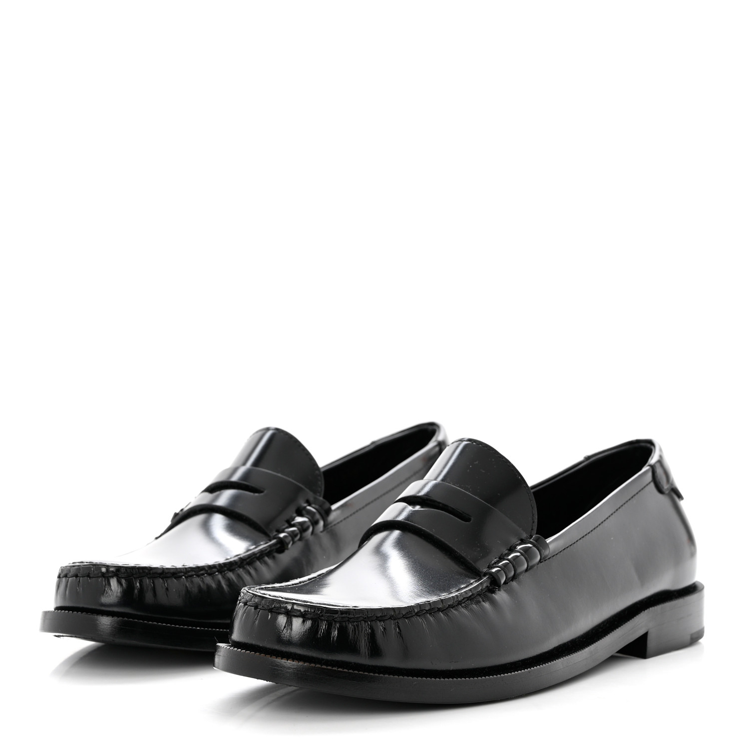 side view of SAINT LAURENT Calfskin Penny Loafers in the color Black by FASHIONPHILE