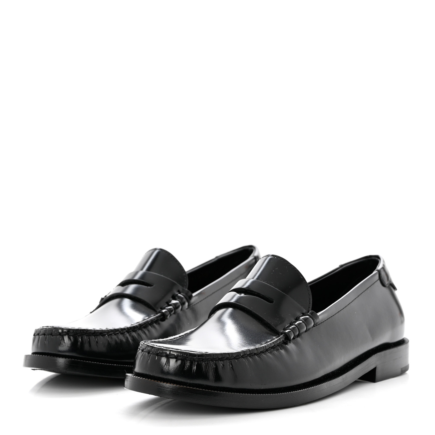 SAINT LAURENT Calfskin Penny Loafers 37.5 Black side view of SAINT LAURENT Calfskin Penny Loafers in the color Black by FASHIONPHILE