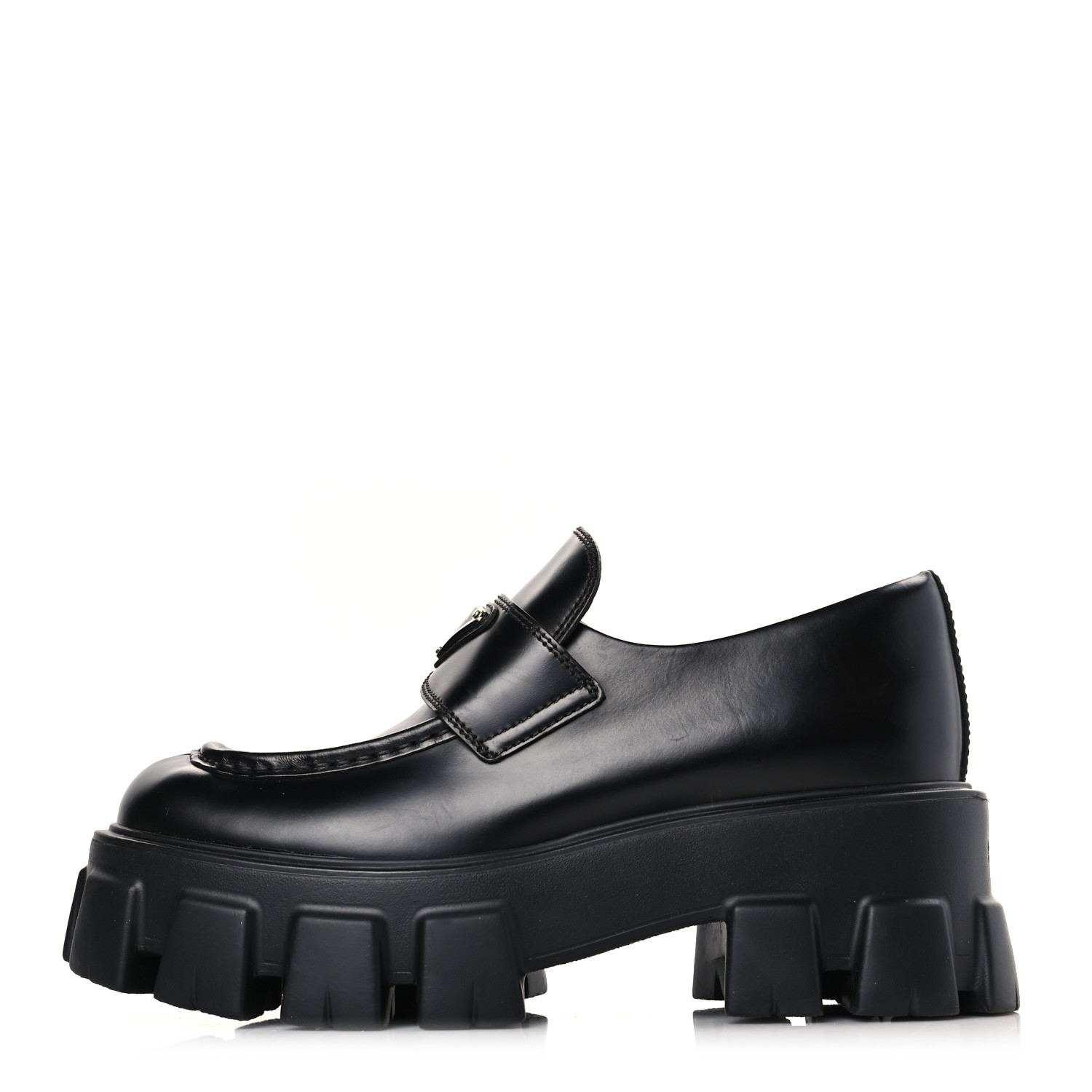 PRADA Spazzolato Rois Metal Triangle Logo Monolith 55mm Loafers 37.5 Black side view of PRADA Spazzolato Rois Metal Triangle Logo Monolith 55mm Loafers in the color Black by FASHIONPHILE