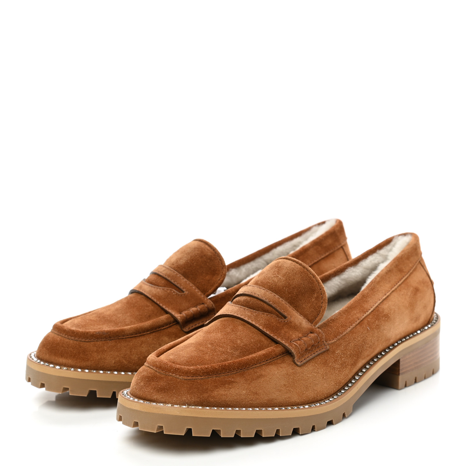 side view of JIMMY CHOO Suede Shearling Crystal Deanna Penny Loafers in the color Natural Tan by FASHIONPHILE