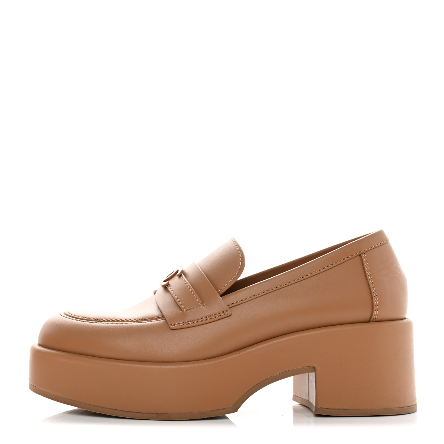 side view image of CHANEL Calfskin CC Platform Loafers in the color Beige by FASHIONPHILE