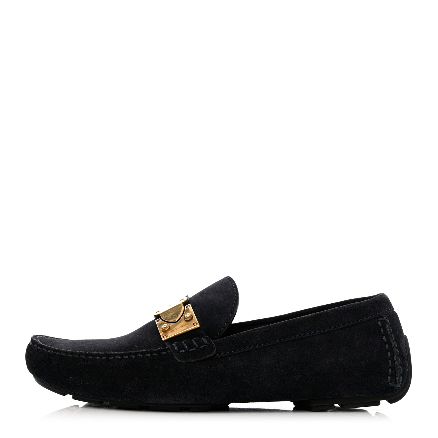 LOUIS VUITTON Suede Racetrack Moccasin Loafers Marine side view of LOUIS VUITTON Suede Racetrack Moccasin Loafers in the color Marine by FASHIONPHILE
