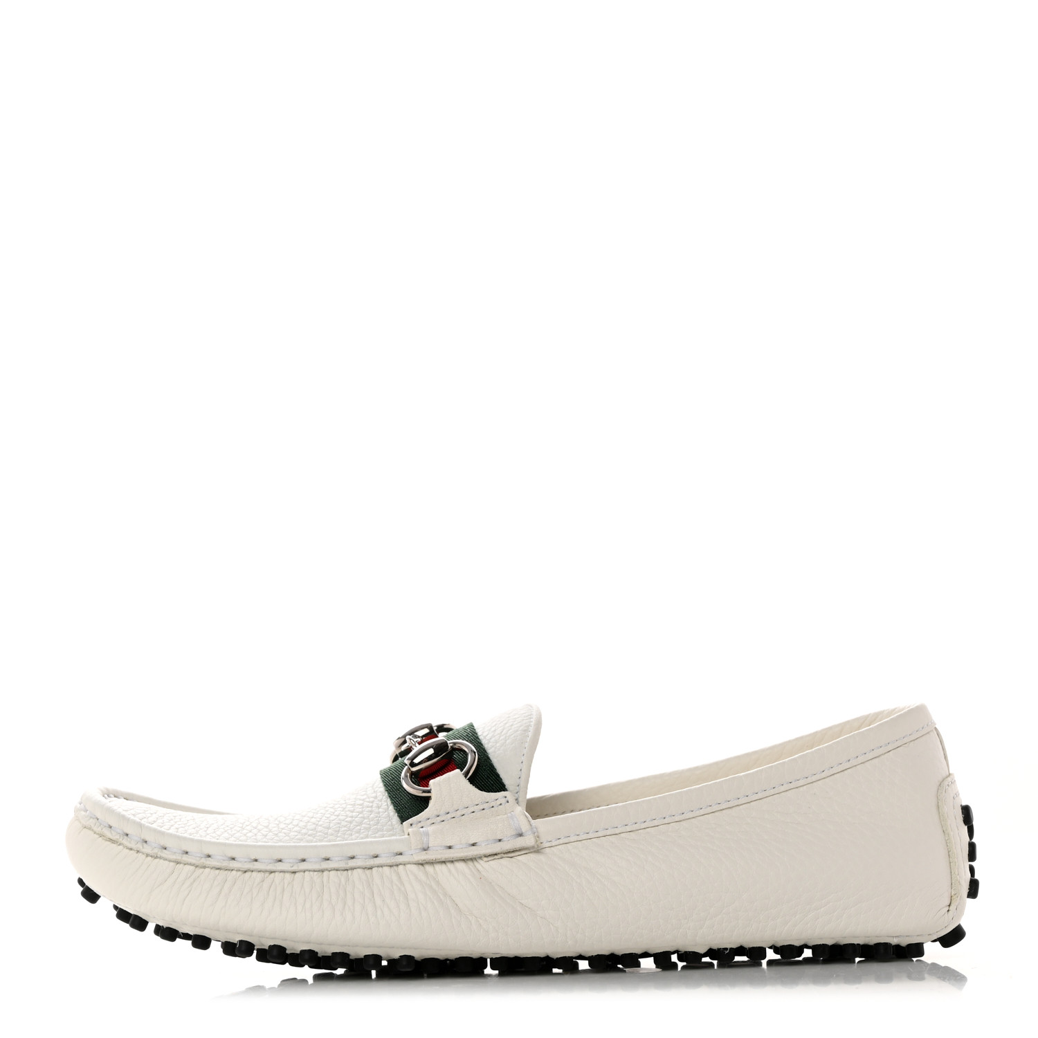 GUCCI Road Calfskin Web Womens Horsebit Driver Loafers Great White side view of GUCCI Road Calfskin Web Womens Horsebit Driver Loafers in the color Great White by FASHIONPHILE