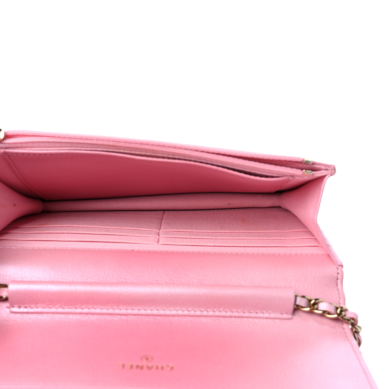CHANEL Cloudy Pearly Goatskin Quilted Wallet on Chain WOC Light Pink-1 interior view image of a CHANEL Cloudy Pearly Goatskin Quilted Wallet on Chain WOC in the color Light Pink by FASHIONPHILE