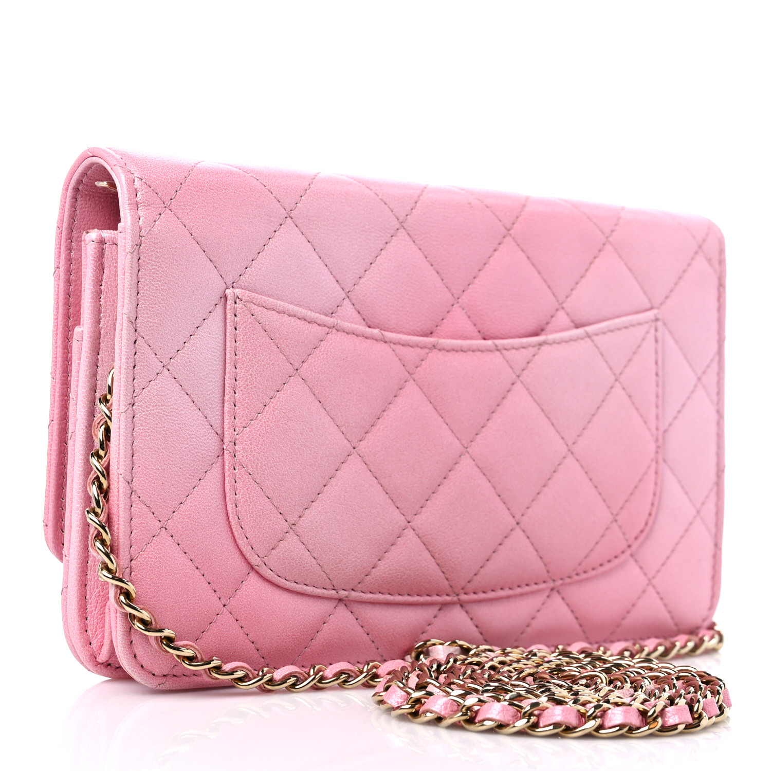 CHANEL Cloudy Pearly Goatskin Quilted Wallet on Chain WOC Light Pink back view image of a CHANEL Cloudy Pearly Goatskin Quilted Wallet on Chain WOC in the color Light Pink by FASHIONPHILE