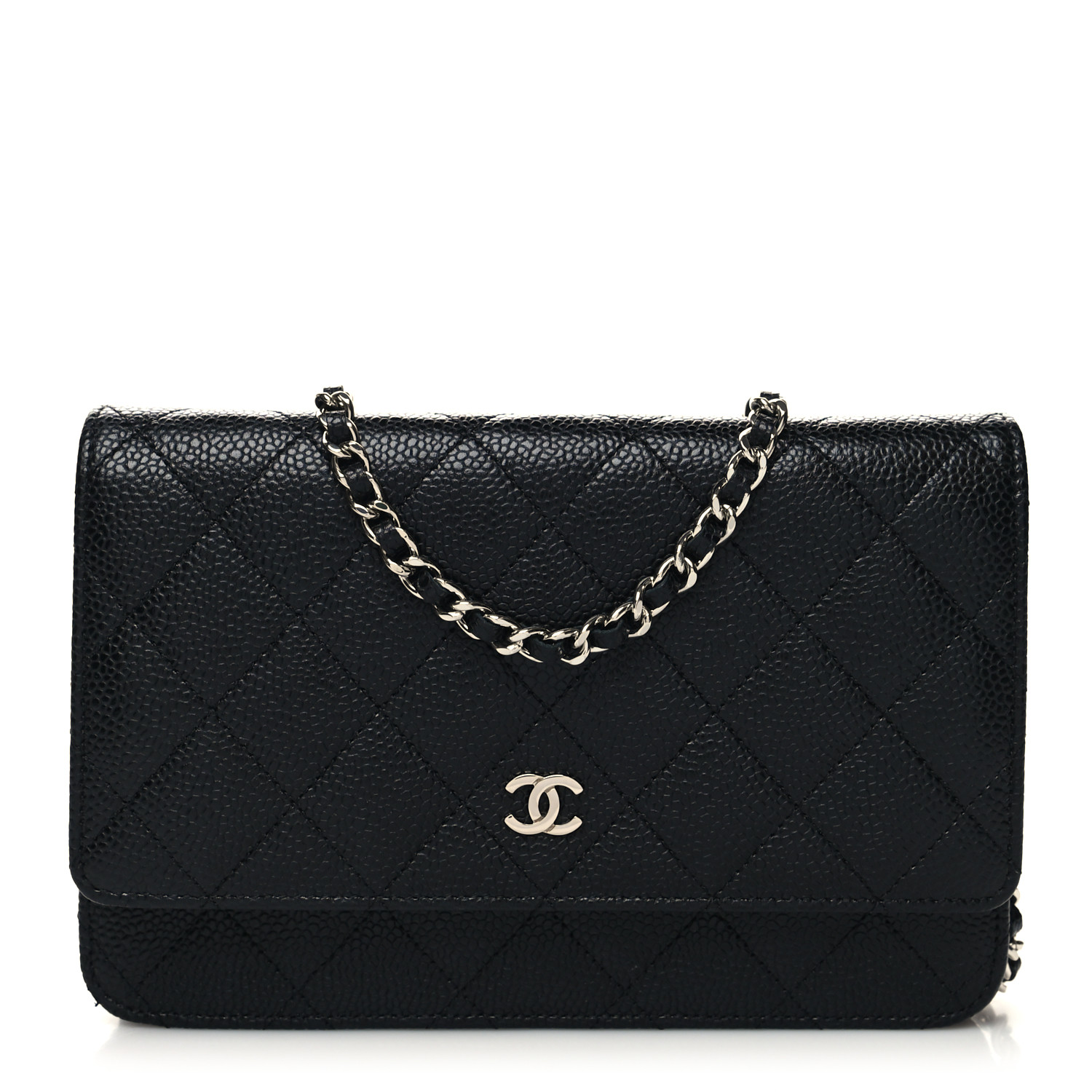 CHANEL Caviar Quilted Wallet on Chain WOC Black-2 front view image of CHANEL Caviar Quilted Wallet on Chain WOC in the color Black by FASHIONPHILE