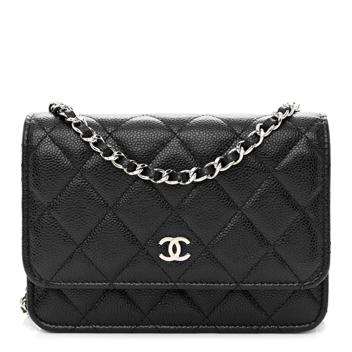 CHANEL Caviar Quilted Mini Wallet On Chain WOC Black front view image of CHANELCaviar Quilted Mini Wallet On Chain WOC in the color Black by FASHIONPHILE