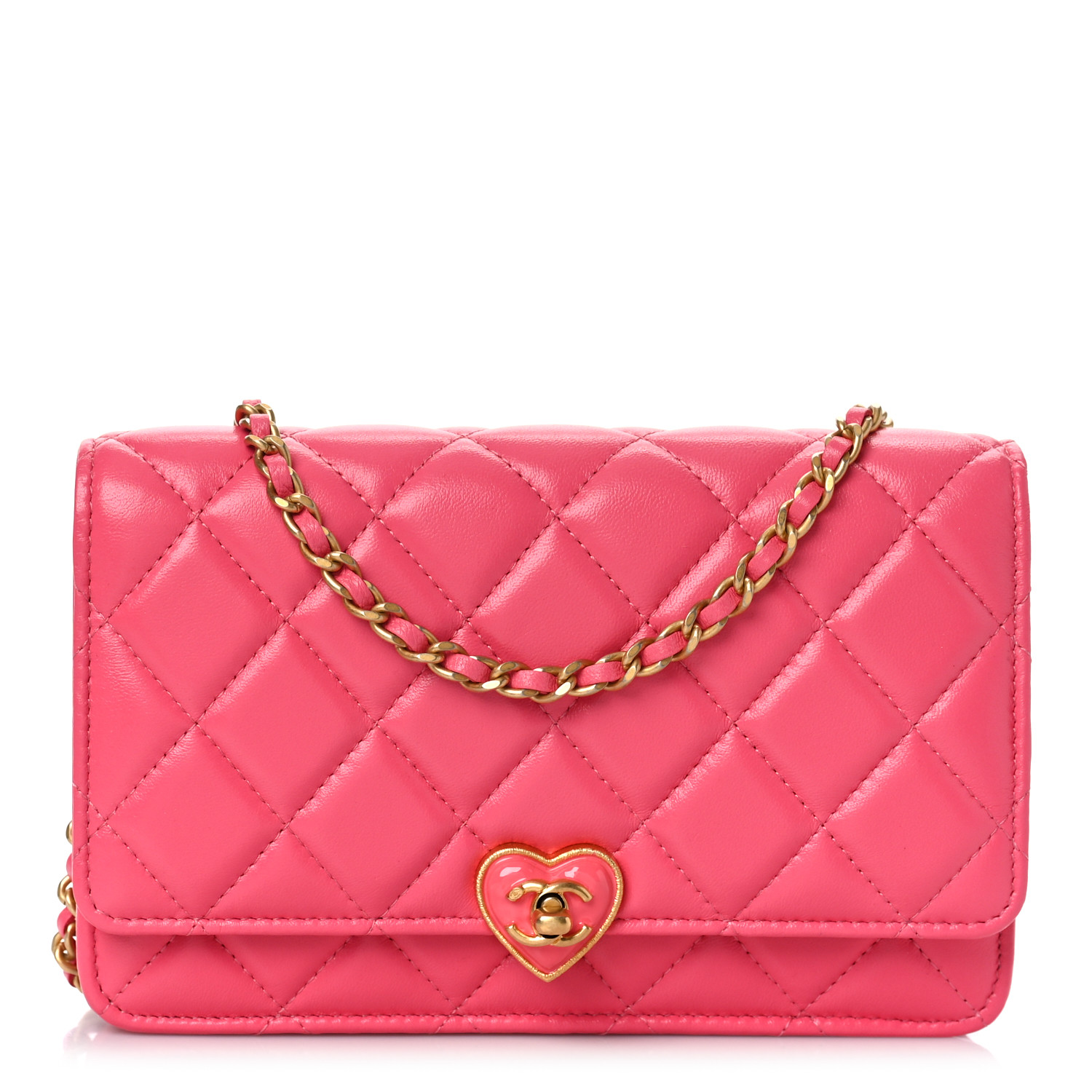 CHANEL Lambskin Resin Quilted CC Heart Wallet On Chain WOC Pink image of CHANEL Lambskin Resin Quilted CC Heart Wallet On Chain WOC in the color Pink by FASHIONPHILE