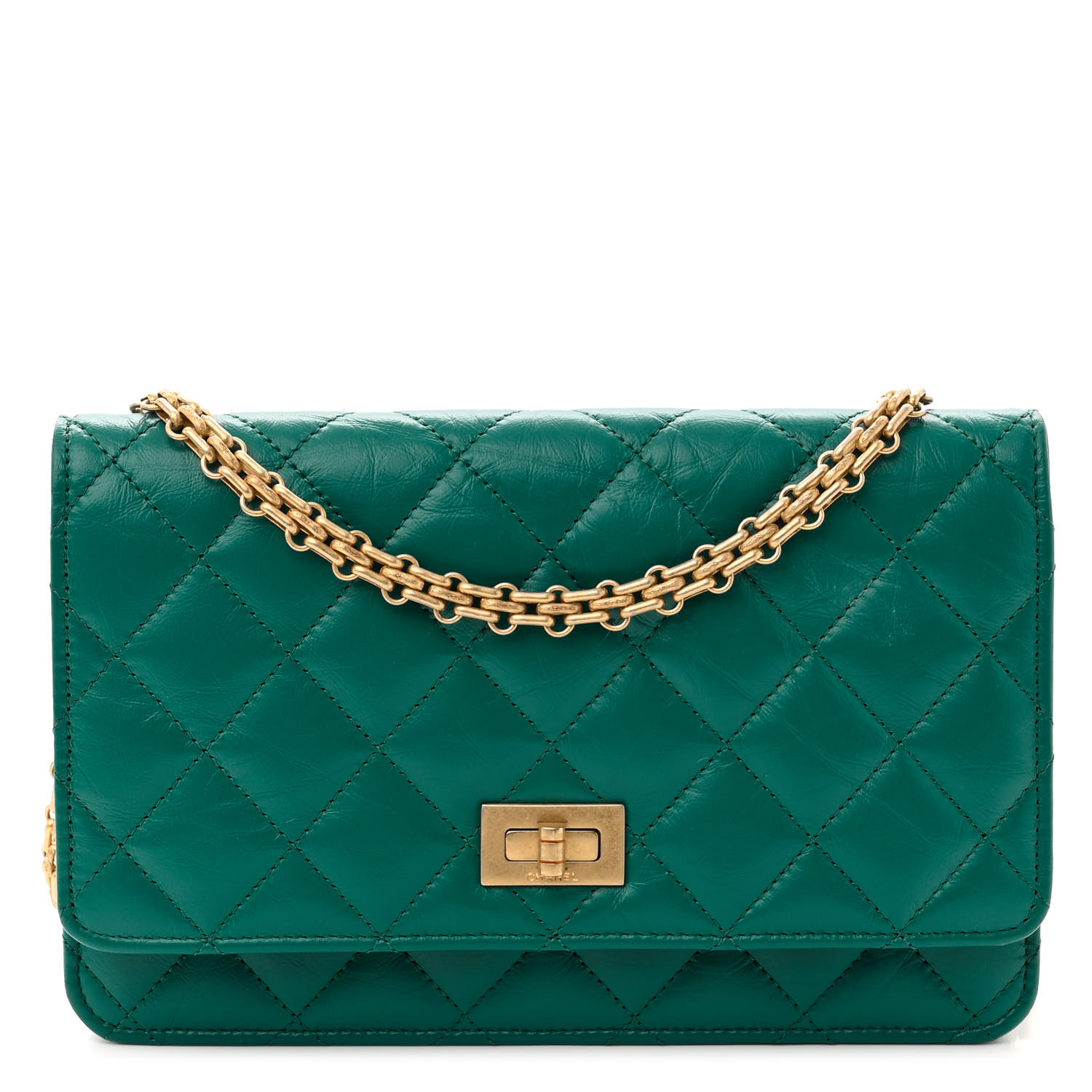 CHANEL Aged Calfskin Quilted 2.55 Reissue Wallet On Chain WOC Green image of CHANEL Aged Calfskin Quilted 2.55 Reissue Wallet On Chain WOC in the color Green by FASHIONPHILE