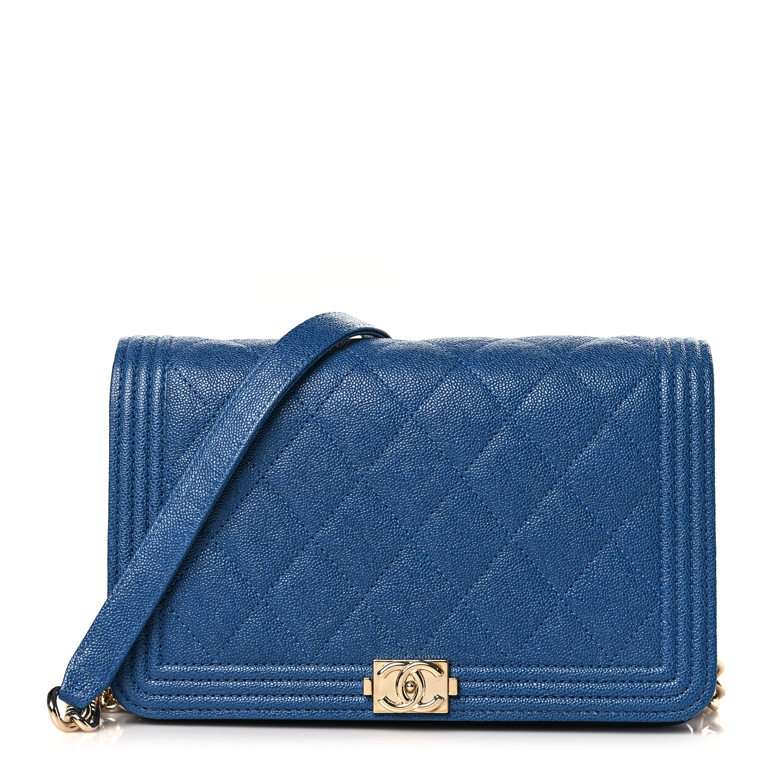 CHANEL Caviar Quilted Boy Wallet On Chain WOC Blue image of CHANEL Caviar Quilted Boy Wallet On Chain WOC in the color Blue by FASHIONPHILE