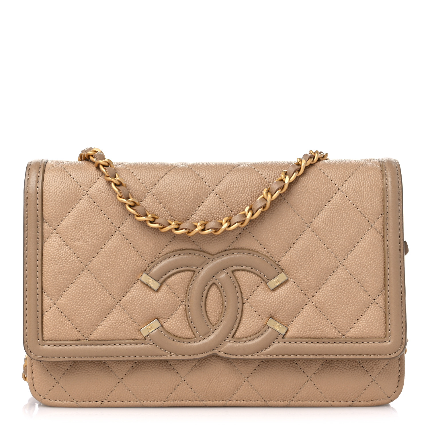 CHANEL Caviar Quilted CC Filigree Wallet On Chain WOC Beige image of CHANEL Caviar Quilted CC Filigree Wallet On Chain WOC in the color Beige by FASHIONPHILE