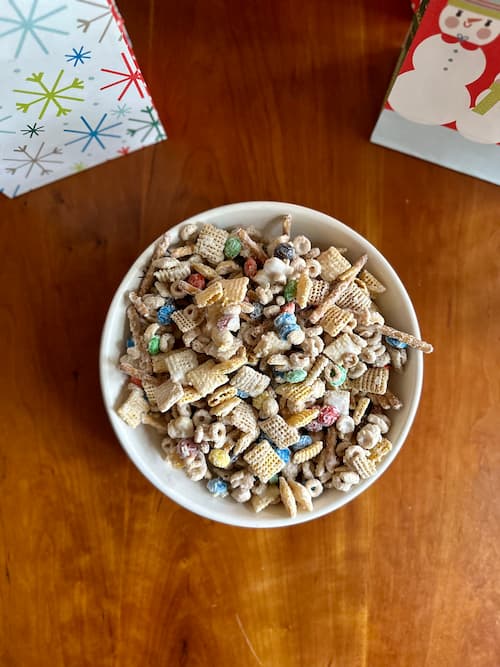 White Christmas Mix with holiday bags top view