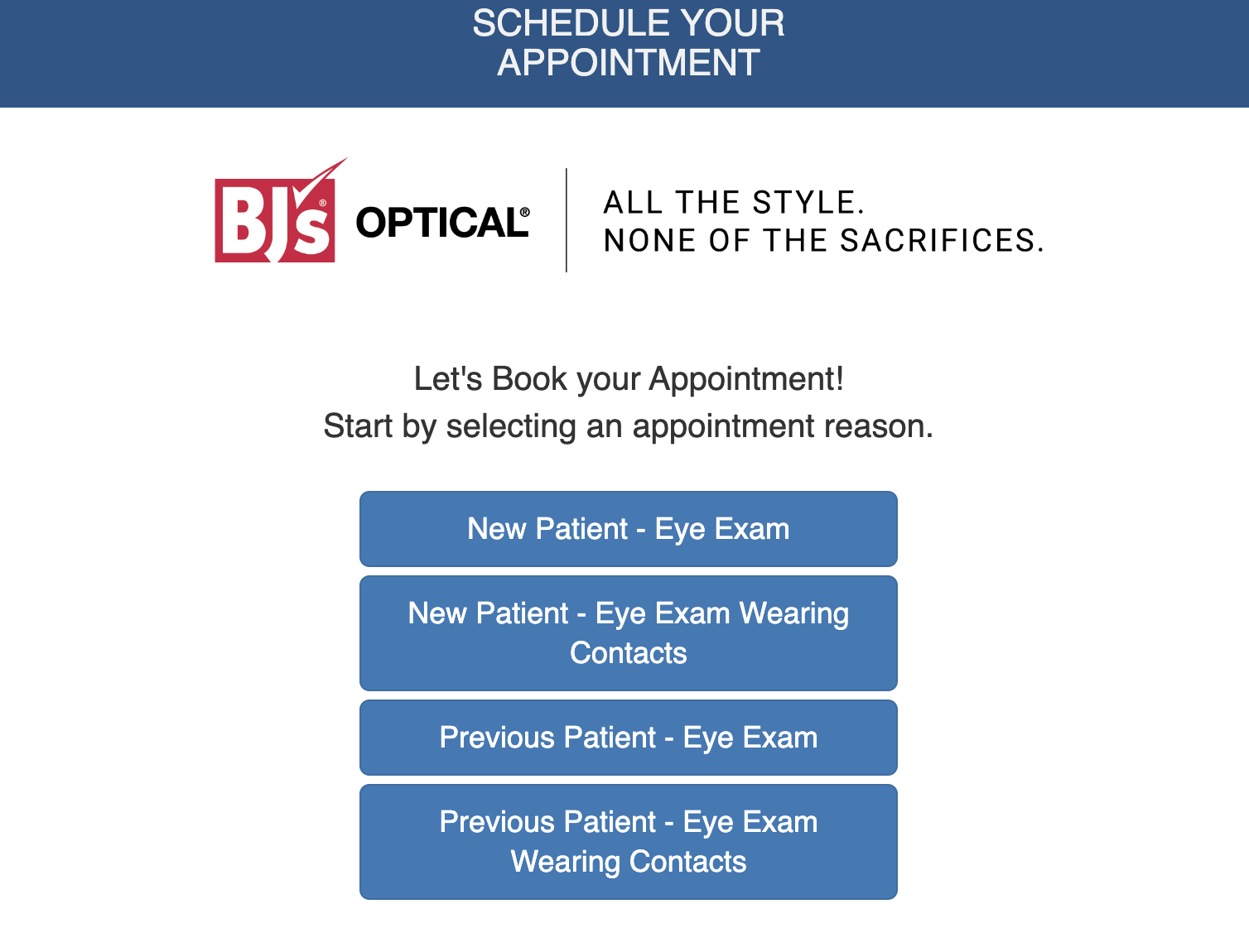 screenshot showing a menu of options for eye exams at bjs