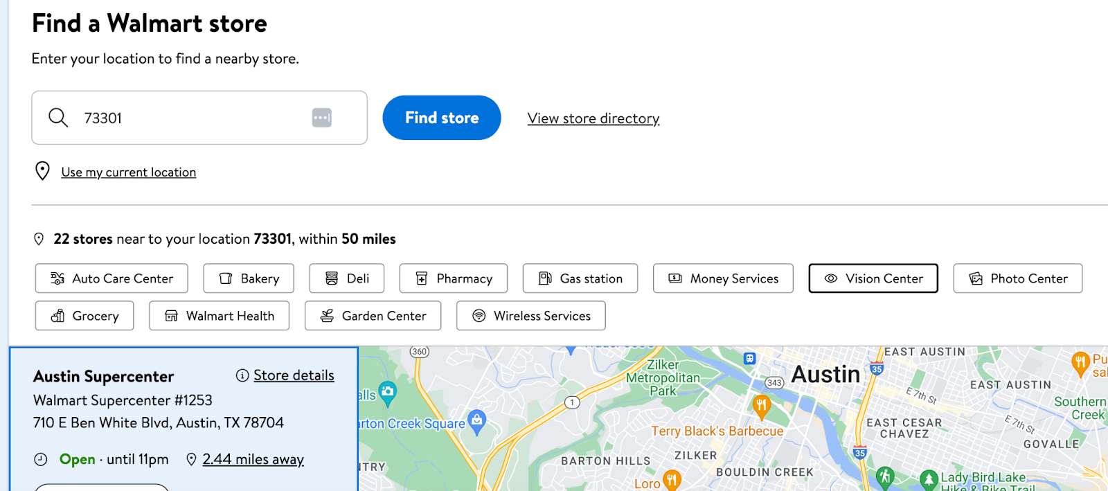 screenshot showing how to select walmarts with vision centers