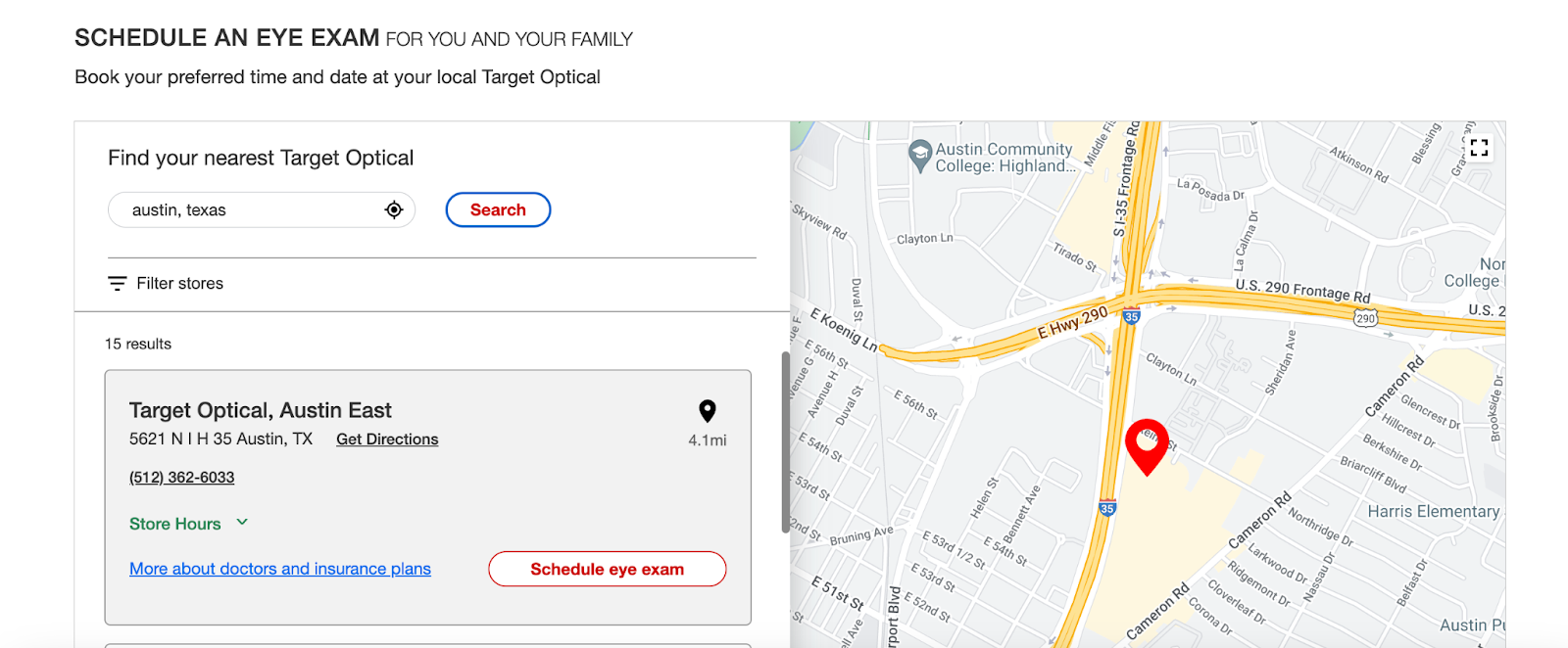 image showing how to filter for locations with optical centers on target's website