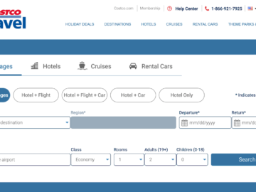 screenshot showing the booking interface for costco travel with options to choose hotel, flight, etc.