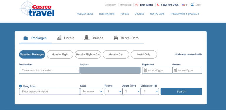 screenshot showing the booking interface for costco travel with options to choose hotel, flight, etc.