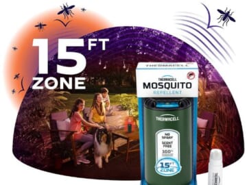 Mosquito Repeller Patio Shield with 12-Hour Fuel Cartridge + 3 Mats $12.47 (Reg. $20) – Forest or Linen, 15-foot zone mosquito protection