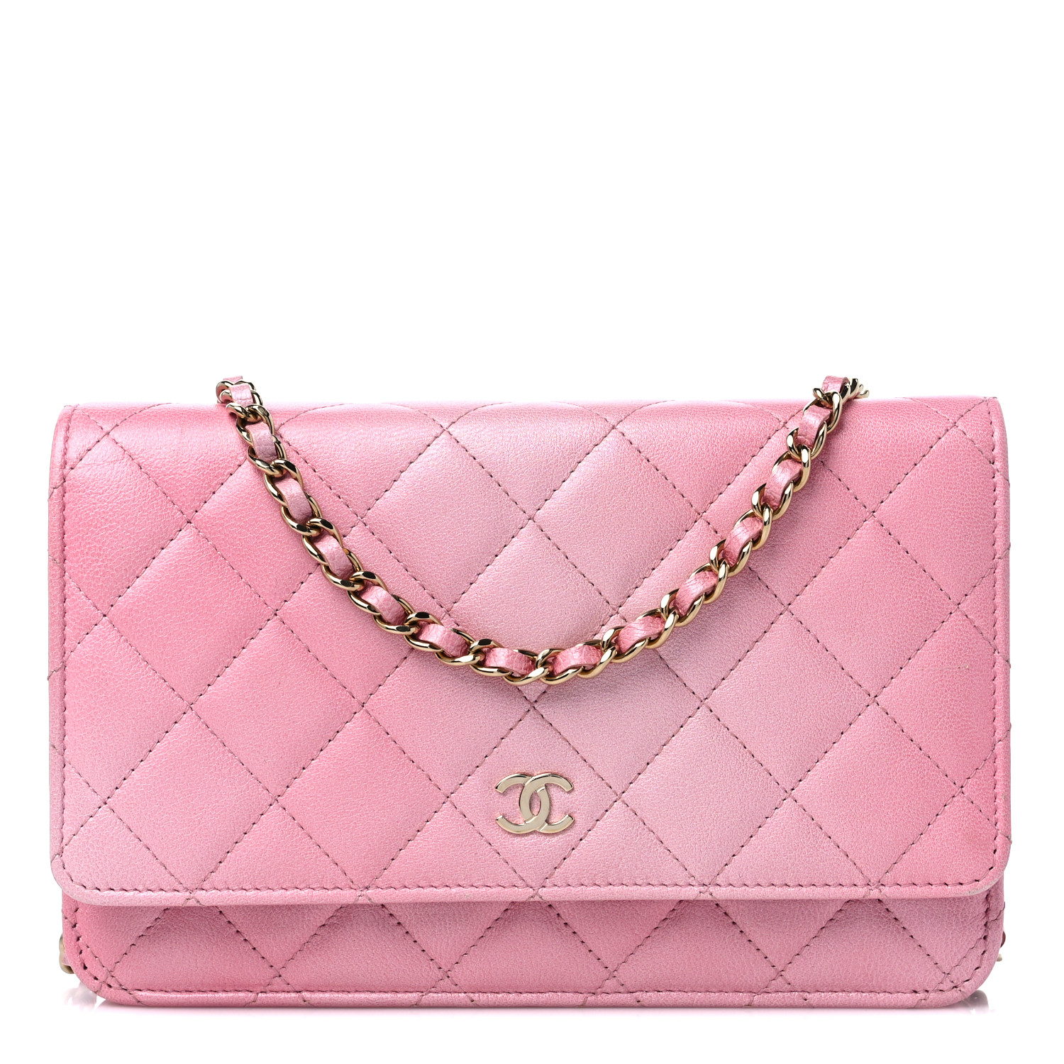 CHANEL Cloudy Pearly Goatskin Quilted Wallet on Chain WOC Light Pink front view image of a CHANEL Cloudy Pearly Goatskin Quilted Wallet on Chain WOC in the color Light Pink by FASHIONPHILE
