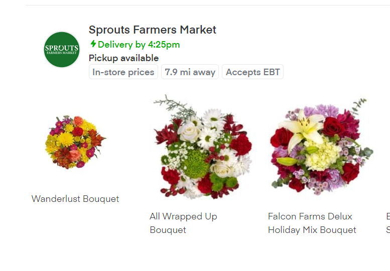 screenshot from Instacart showing options for ordering grocery store flowers