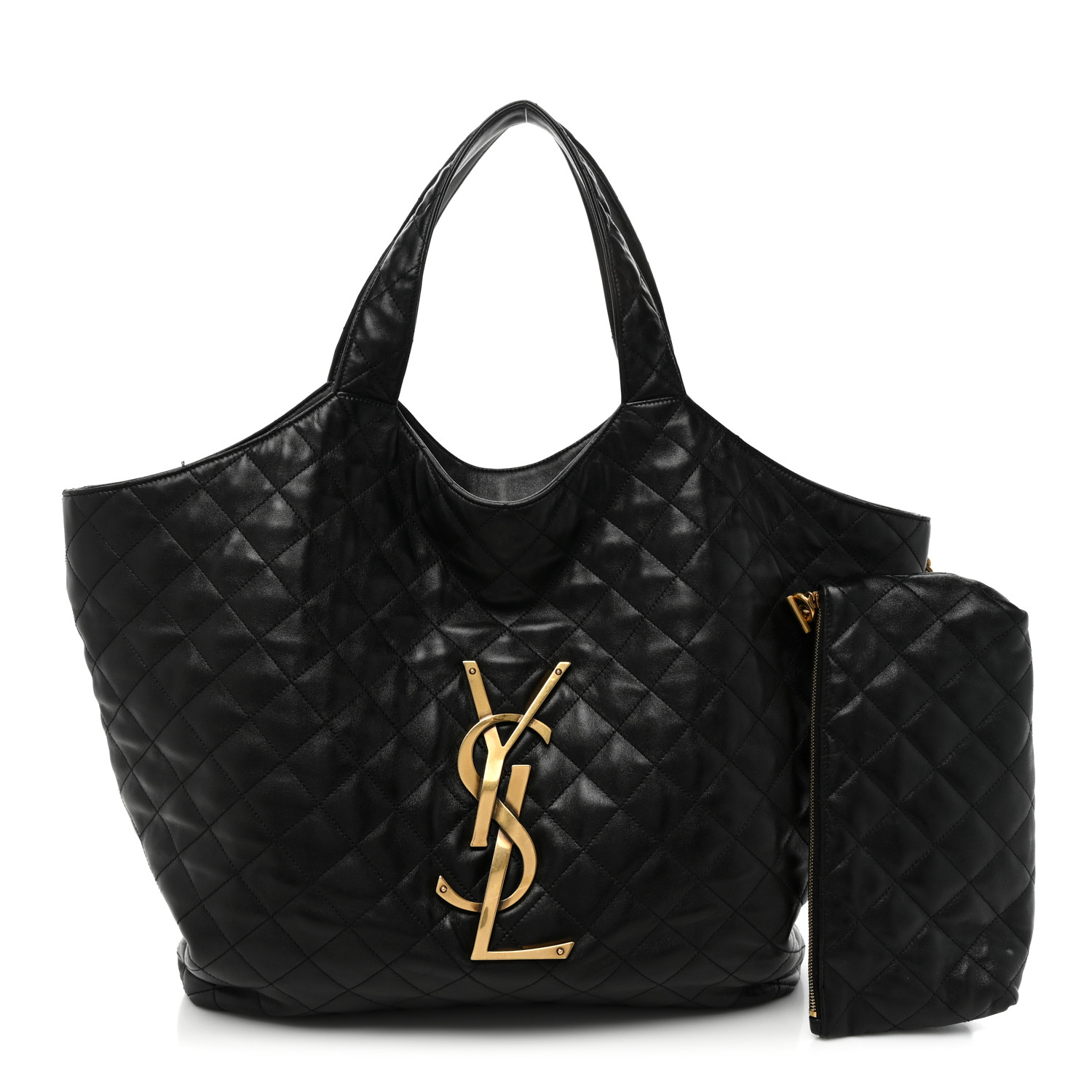 front view image of SAINT LAURENT Lambskin Quilted Maxi Icare Shopping Tote in the color Black by FASHIONPHILE