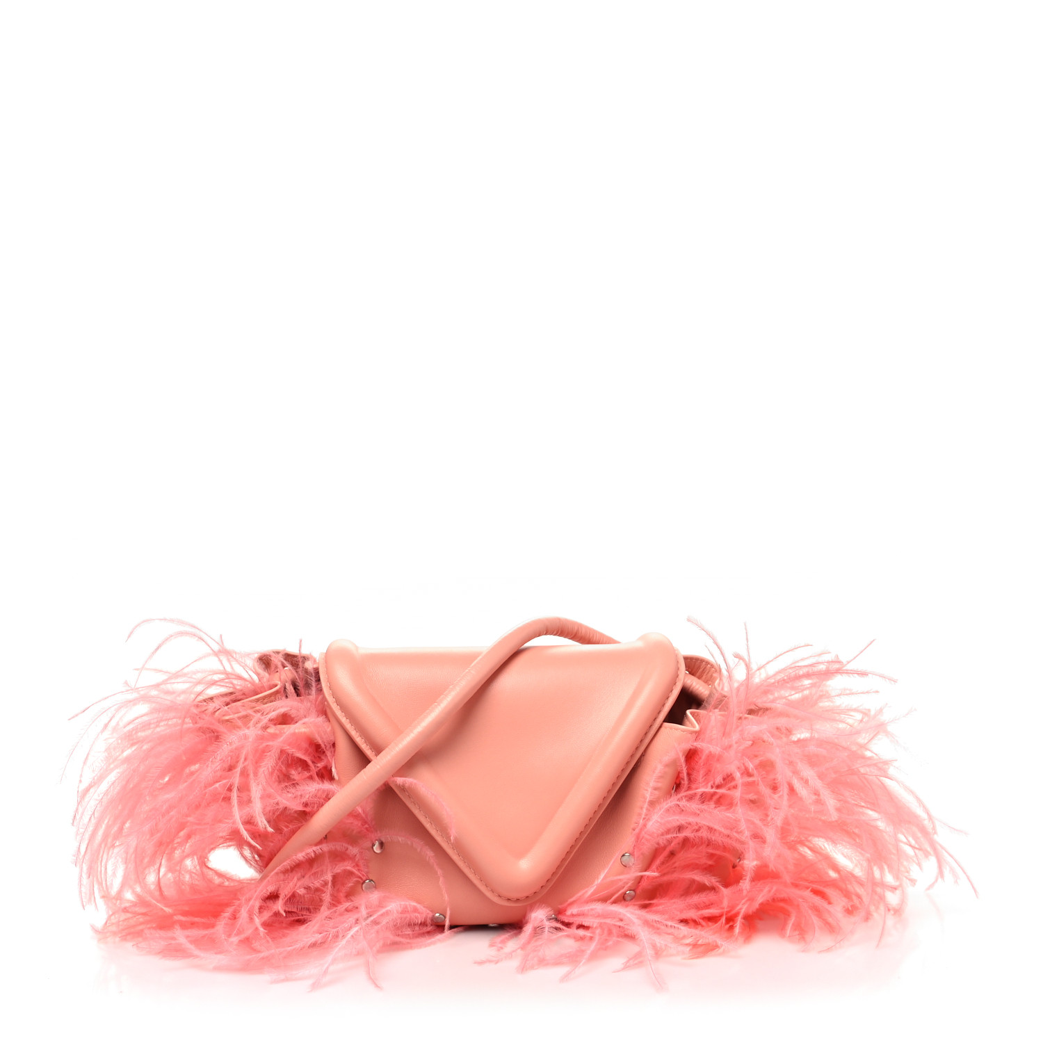 front view image of BOTTEGA VENETA Lambskin Ostrich Feather Small Beak Triangle Flap Shoulder Bag in the colors Peachy Silver by FASHIONPHILE