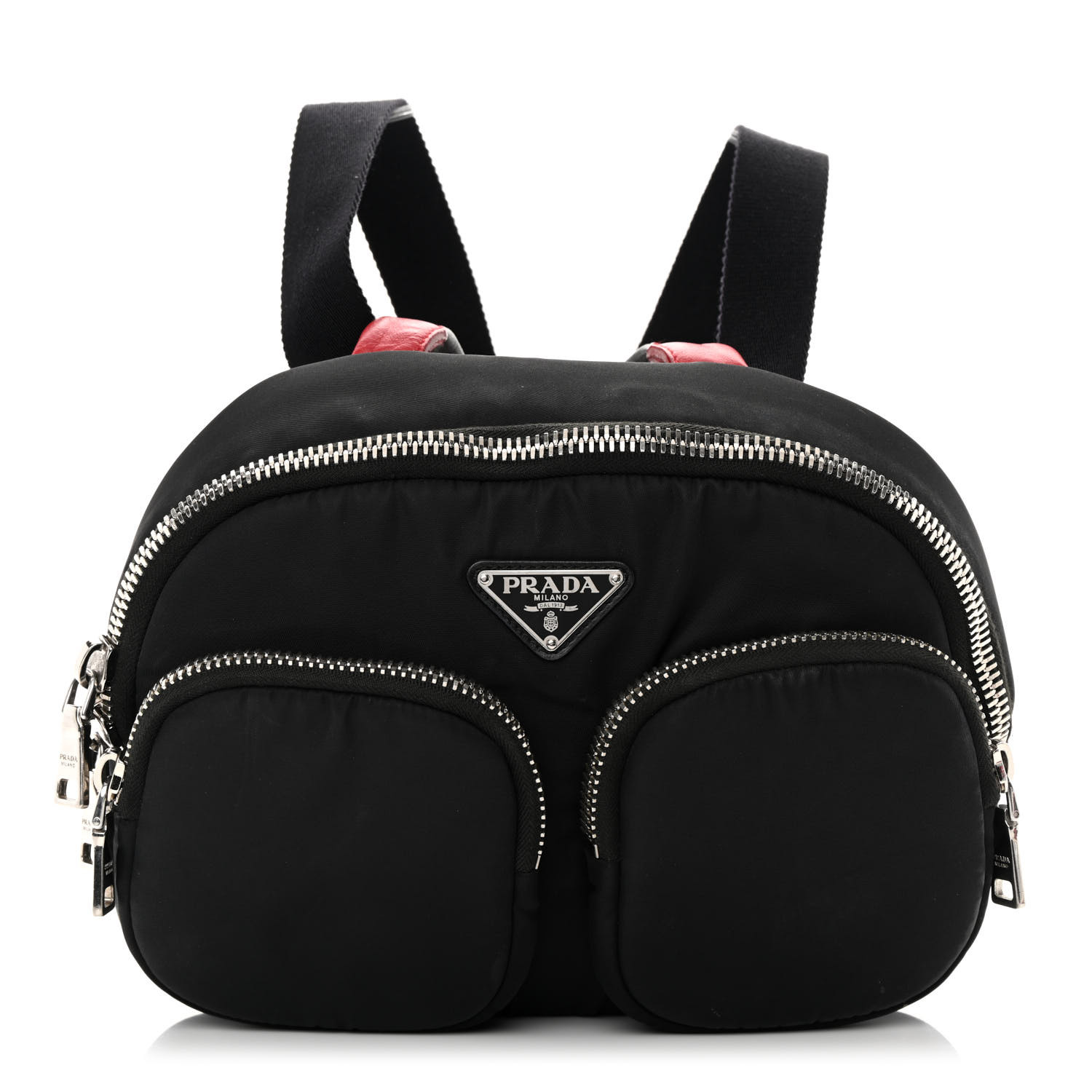 image of a PRADA Tessuto Nylon Pocket Top Handle Cargo Backpack in the color Black by FASHIONPHILE